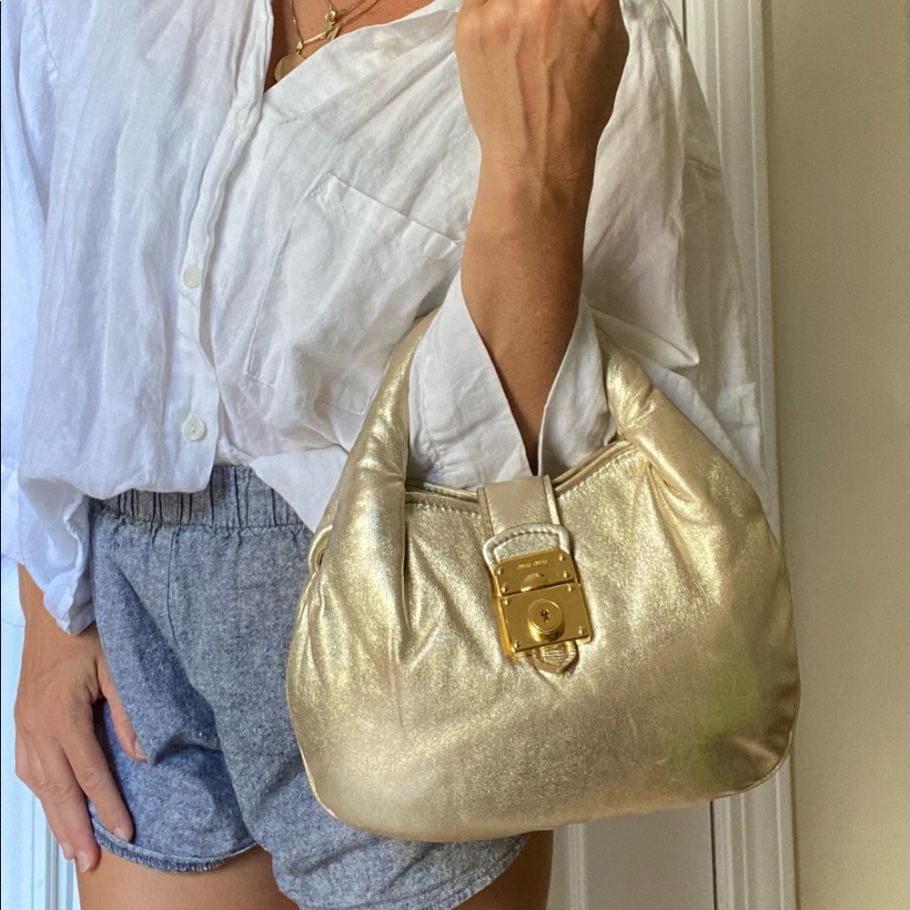 Authentic MIU MIU by Prada gold metallic leather puffer Purse bag